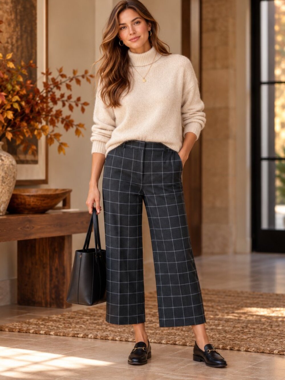 LOFT High Rise Slim Wide Leg Pants Womens 10 Gray Windowpane Plaid Crop Career